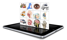 X-Plain for tablet with icons of different medical images being put into the tablet.